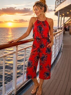 London Times Tropical Palm Print Halter Jumpsuit Red Blue Green Size 8